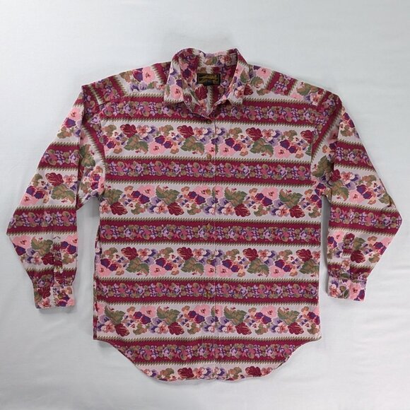 VTG Eddie Bauer Maroon Cream Floral Button Up Long Sleeve Collared Top - Picture 1 of 6